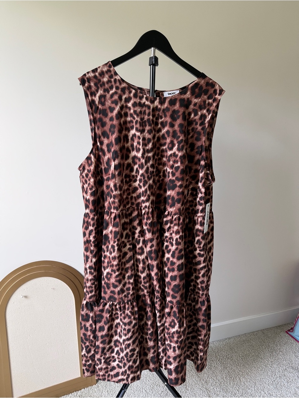 DKNY Brown Leopard Tiered Sleeveless Dress